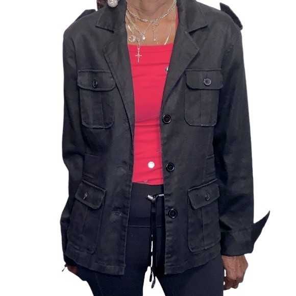 Vintage 90s Outer Edge Utility Jacket Black Twill 4 pocket button closure size L - Picture 3 of 16